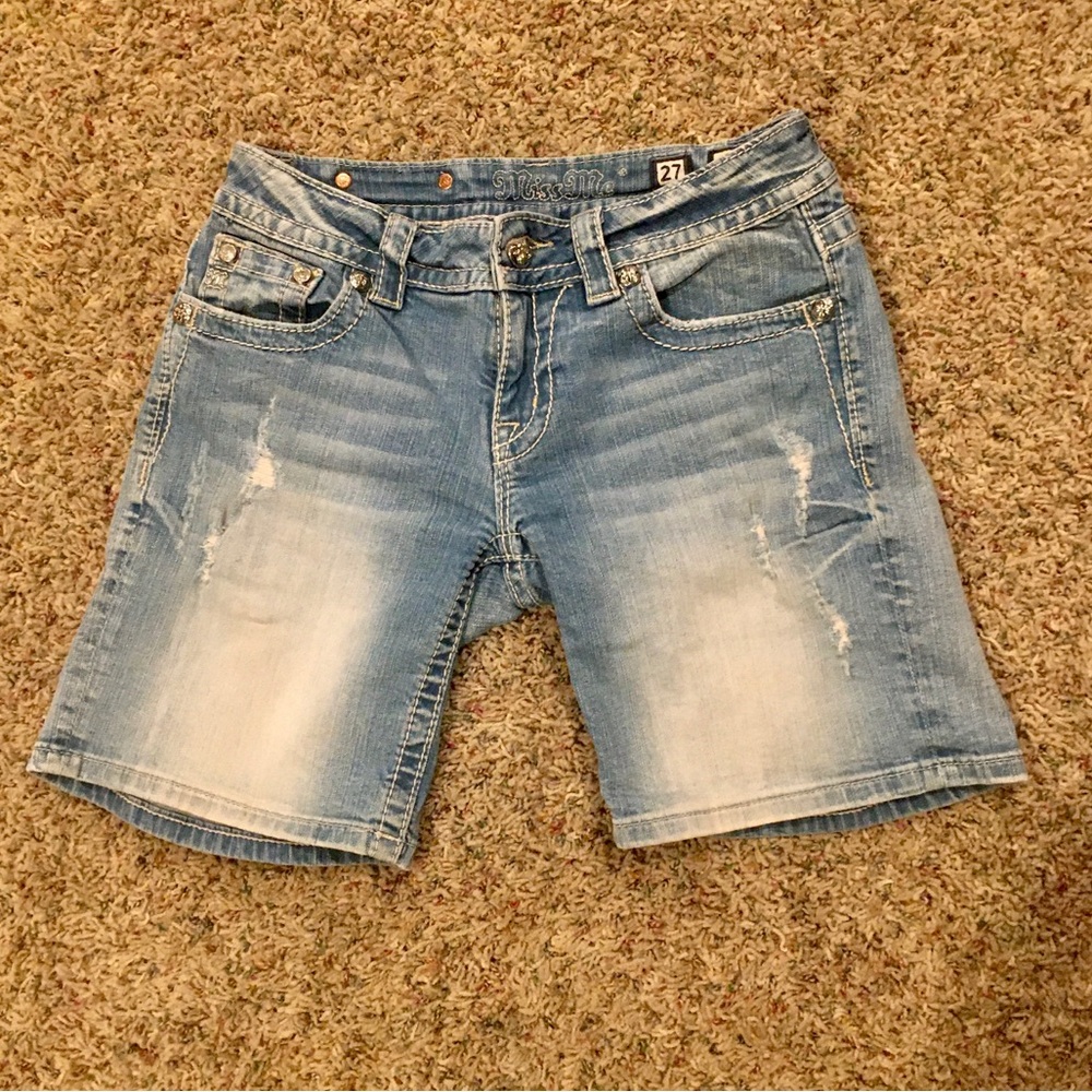 MISS ME WOMENS DISTRESSED DENIM JEAN SIGNATURE MID-SHORTS